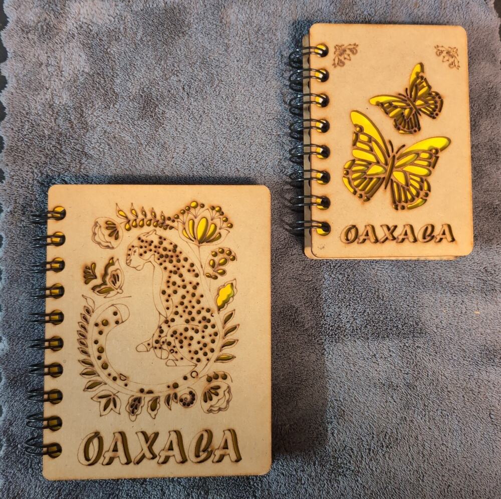Handmade wooden journals laser-engraved jaguars butterflies, Oaxaca, Mexico Lot
